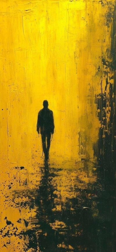 Solitary silhouette walking in abstract yellow and black textured scene, evoking mystery | 4K Wallpaper for Mobile