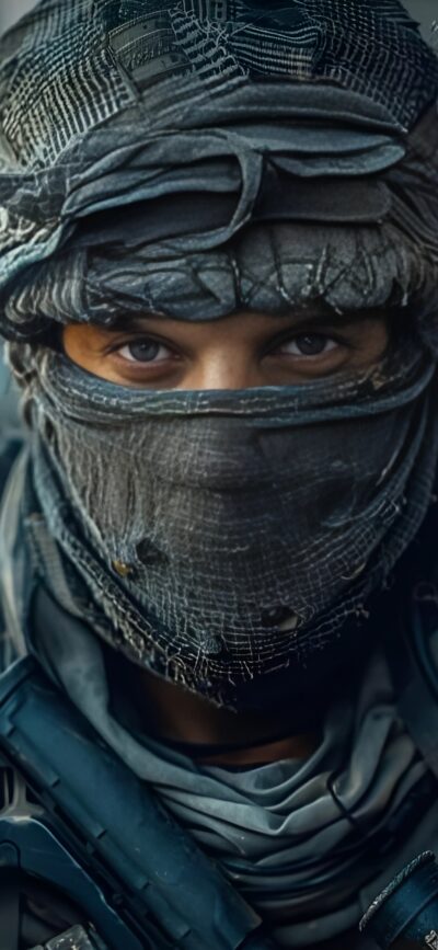 Person in tactical gear with intense gaze and face covering, gray and black tones | 4K Wallpaper for Mobile