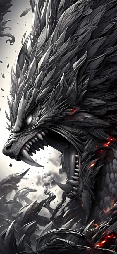 Fierce mythical dragon with sharp teeth, glowing eyes, and fiery background. | 4K Wallpaper for Mobile | Black, Gray, Red colors.