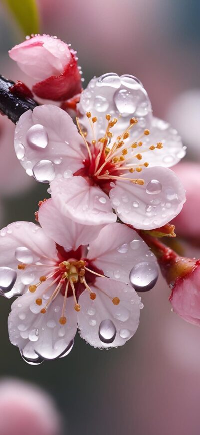 Cherry blossoms with water droplets on pink petals, blurred green background | 4K Wallpaper, for Mobile | Pink, white, green.