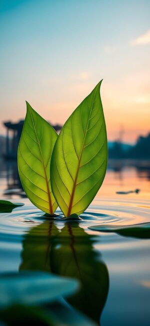 Two vibrant green leaves on calm water with sunset backdrop, creating a serene scene | 4K Wallpaper for Mobile