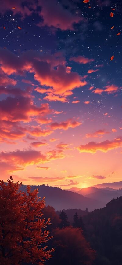 Sunset landscape with vibrant pink, orange hues; serene nature scene of hills, silhouetted trees | 4K Wallpaper for Mobile