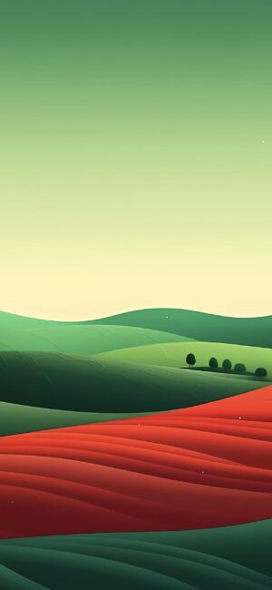 Minimalist landscape with green hills and red fields, smooth curves, gradient colors. Serene abstract nature scene | 4K Wallpaper for Mobile