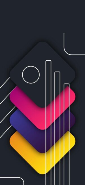 Abstract geometric design with vibrant pink, purple, blue, and yellow on dark background for mobile | 4K Wallpaper