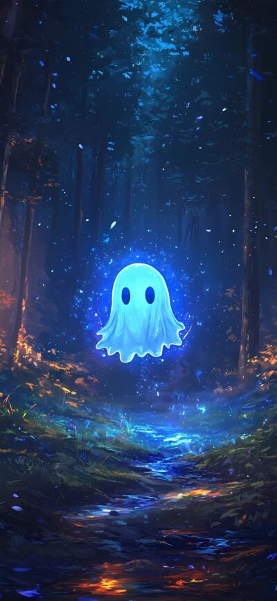 Cute glowing ghost in mystical forest; vibrant blue, black, orange lights, fantasy realm | 4K Wallpaper for Mobile