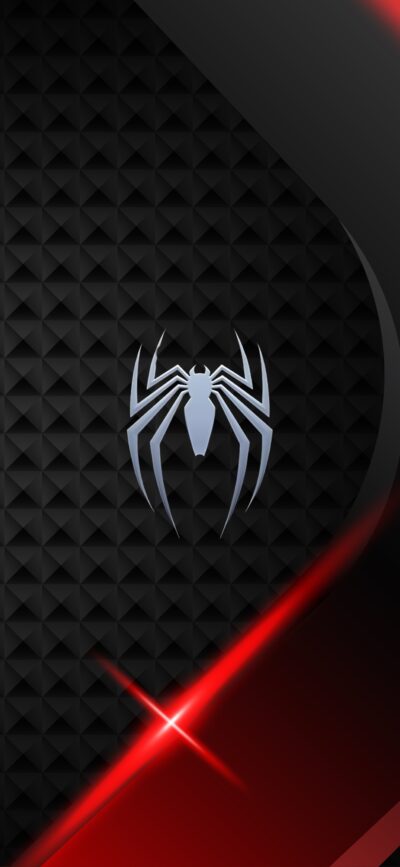 Edgy Spider-Man theme with a spider symbol on a textured black background and dynamic red lines for mobile | 4K Wallpaper