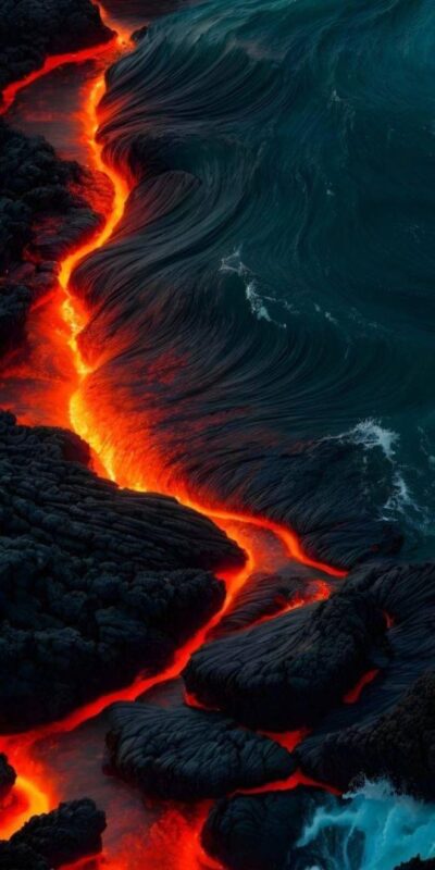 Lava flowing between black rocks and dark ocean waves create a fiery, striking effect | UHD Wallpaper for Mobile