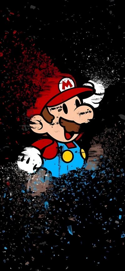 Mario in red hat, blue overalls with vibrant red, black, and blue background | 4K Wallpaper for Mobile