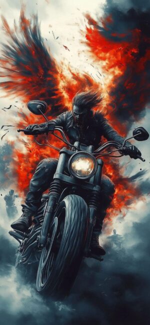 Fiery supernatural figure on motorcycle with flaming angelic wings. Intense fantasy scene. Black, red, orange, gray colors | 4K Wallpaper for Mobile