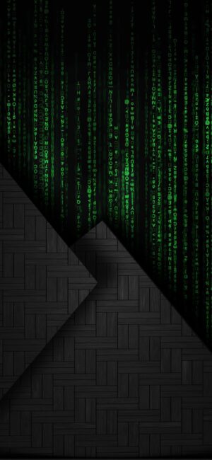 Digital matrix design with green cascading code on black geometric background, evoking cyberpunk tech | 4K Wallpaper for Mobile