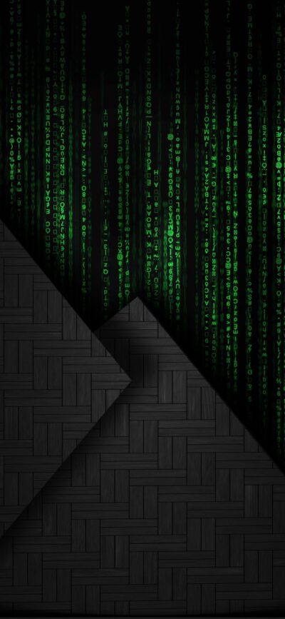 Digital matrix design with green cascading code on black geometric background, evoking cyberpunk tech | 4K Wallpaper for Mobile