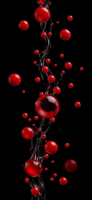 Abstract red spheres in dark fluid | 4K Wallpaper for Mobile | Red & Black color scheme | Ideal for abstract and dark theme lovers