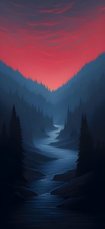 Serene forest with river, silhouetted pine trees, red and blue sunset sky | 4K Wallpaper for Mobile | Nature | Landscape | Forest | Sunset