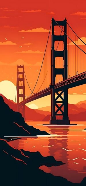 Golden Gate Bridge sunset with orange and yellow hues over calm water | 4K Wallpaper for Mobile