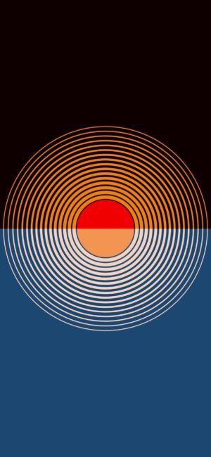 Abstract concentric circles in orange & white, split by a line. Top: dark red; Bottom: deep blue | 4K Wallpaper for Mobile