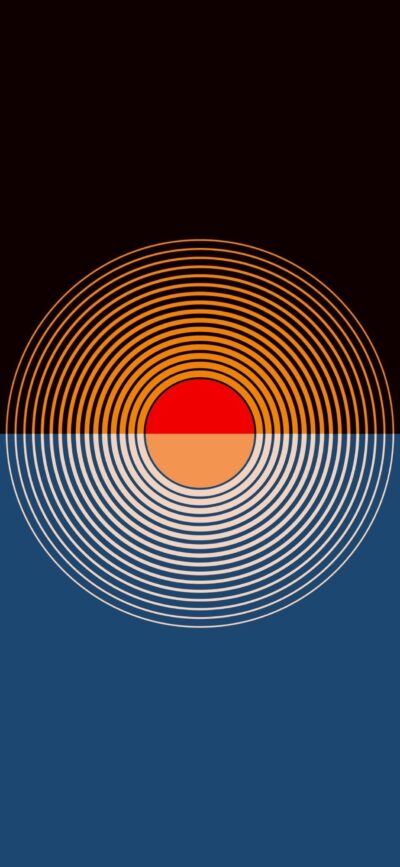 Abstract concentric circles in orange & white, split by a line. Top: dark red; Bottom: deep blue | 4K Wallpaper for Mobile