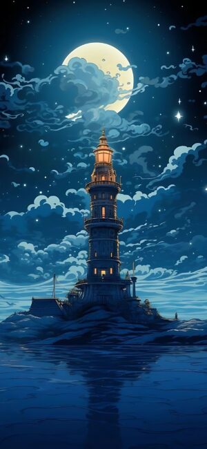 Lighthouse under starry night sky with a moonlit glow, rocky landscape, still waters | Blue, Yellow, Black | 4K Wallpaper for Mobile