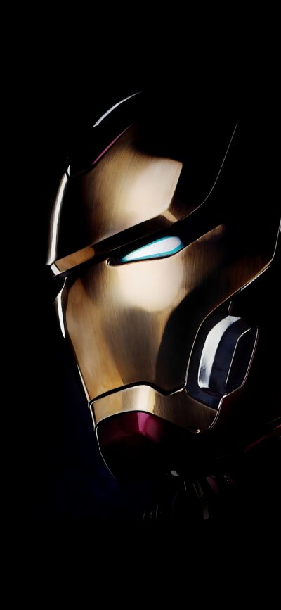 Iron Man's metallic gold, red helmet with blue eyes, black background for Mobile | 4K Wallpaper