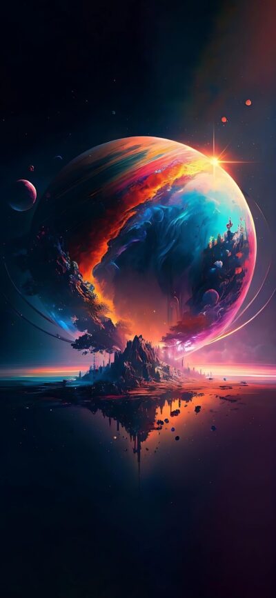 Colorful fantasy planet with vibrant hues and cosmic landscape. Features blue, orange, purple, pink. | 4K Wallpaper for Mobile