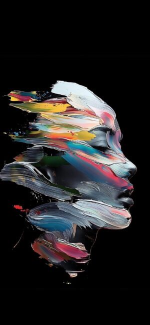 Abstract colorful human face with vibrant brush strokes on dark background | Black, Blue, Red, Yellow, Green | 4K Wallpaper for Mobile