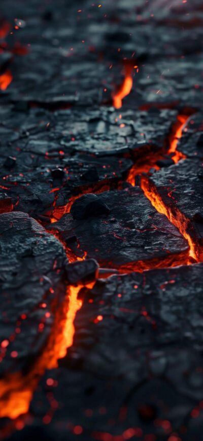 Cracked earth with glowing lava seeping through, contrasting vibrant orange and dark rocks. For Mobile | 4K Wallpaper | Orange & Black