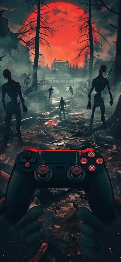 Spooky apocalyptic scene with eerie creatures, forest, red moon, and gaming controller theme | 4K Wallpaper for Mobile