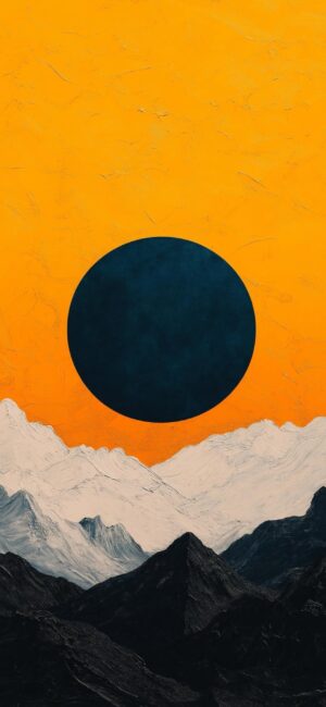 Abstract design with a black circle on an orange background featuring a textured mountain range | 4K Wallpaper for Mobile