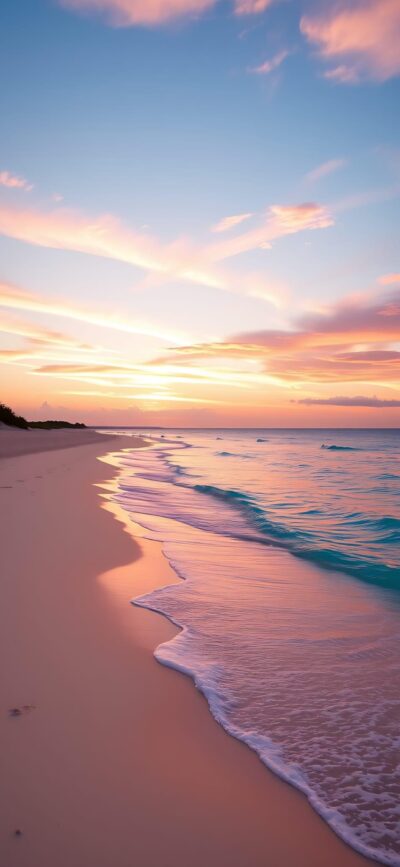 Serene beach sunset with pastel pink, orange, and blue hues; gentle waves and smooth sand create a tranquil scene | 4K Wallpaper for Mobile