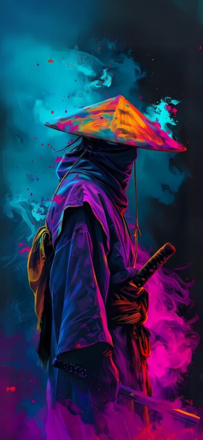 Colorful samurai illustration in neon blue, pink, and orange hues. Modern and abstract for mobile. | 4K Wallpaper