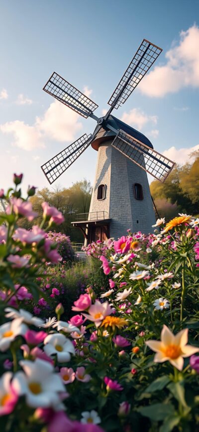 Windmill amidst vibrant flowers under a clear blue sky, evoking tranquility. Primary colors: blue, pink, green, white | 4K Wallpaper for Mobile