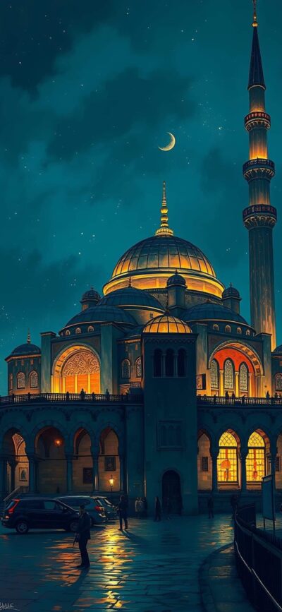 Illuminated mosque under night sky with crescent moon, featuring grand dome & minaret | 4K Wallpaper for Mobile