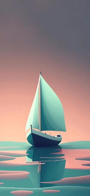 Sailboat on calm waters with teal sails under a pink to gray sky | Minimalist serene scene | 4K Wallpaper for Mobile