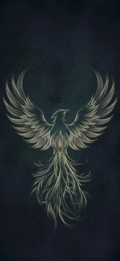 Majestic phoenix with outstretched wings on dark abstract background, symbolizing rebirth | 4K Wallpaper for Mobile | Dark, Green