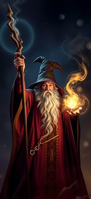 Mystical wizard in robes with glowing staff in dark fantasy setting; black, brown, orange colors | 4K Wallpaper for Mobile