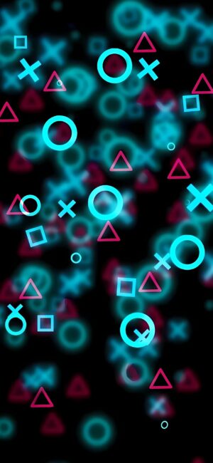 PlayStation symbols in neon colors on dark backdrop | Black, Blue, Pink | Abstract Gaming Technology | 4K Wallpaper for Mobile