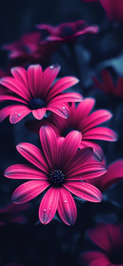 Vibrant pink daisies with dew on dark background, exuding elegance & tranquility. Ideal for mobile. | 4K Wallpaper