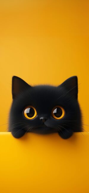 Adorable black kitten with big eyes peeking over an orange backdrop | 4K Wallpaper for Mobile