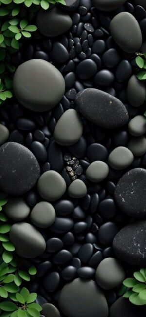 Serene black stones with green leaves create a calming aesthetic | 4K Wallpaper for Mobile | Black & Green