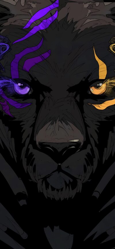 Stylized dark lion with purple and yellow eyes, abstract patterns, deep colors. | 4K Wallpaper for Mobile