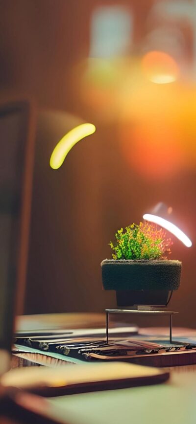 Elegant indoor potted plant with glowing light elements. Warm, minimalistic decor. Yellow, green, black tones. | 4K Wallpaper for Mobile