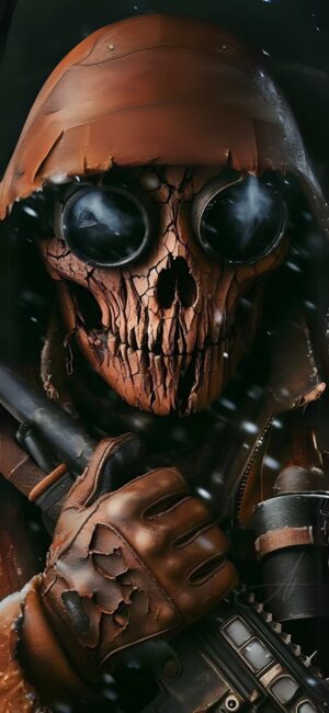 Post-apocalyptic character in leather hood, skull mask, dark goggles amid snowfall | 4K Wallpaper for Mobile | Brown, Black, Dark