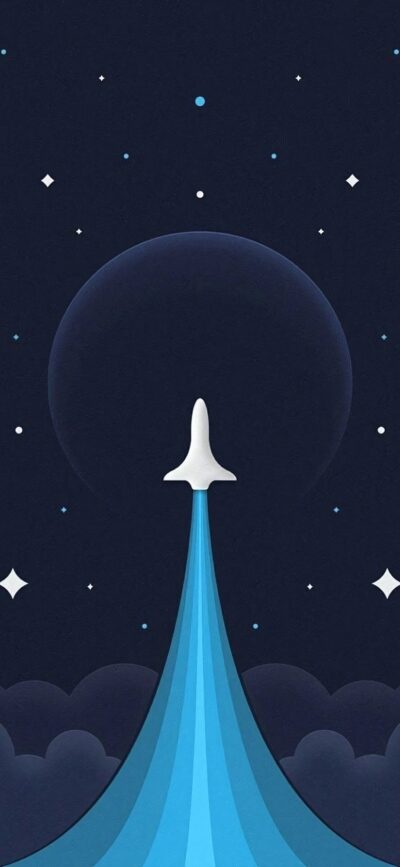 Minimalist wallpaper featuring a white rocket launching into a starry night sky with a blue gradient trail. | 4K Wallpaper for Mobile