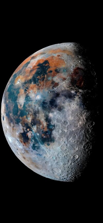 Moon with craters in blue and orange hues against space's black backdrop | 4K Wallpaper, for Mobile