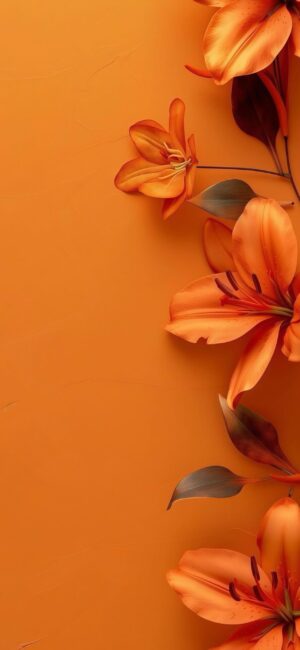 Elegant orange lilies on vibrant orange background, perfect for a striking floral mobile wallpaper | 4K Wallpaper, for Mobile.