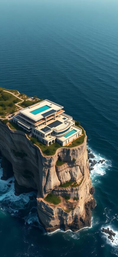 Mansion on cliff with ocean view, large pool, and elegant architecture for mobile | Blue, green, beige tones | 4K Wallpaper