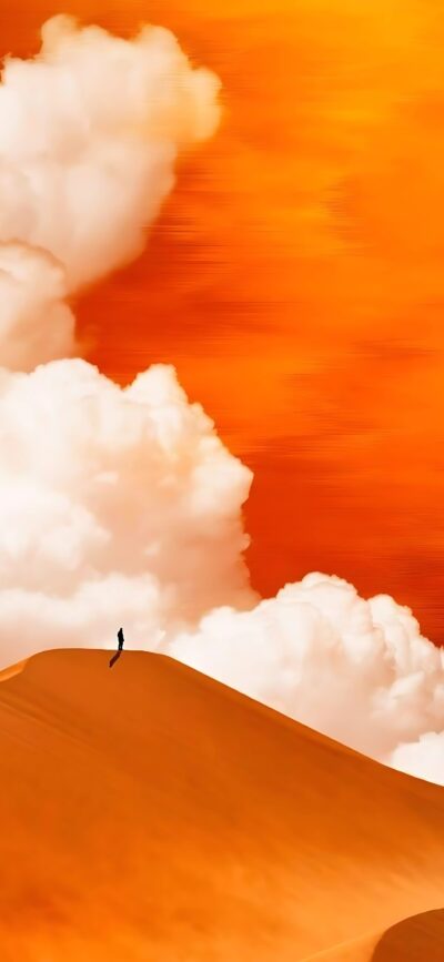 Scenic desert landscape with towering sand dunes and vibrant orange and white clouds for mobile | 4K Wallpaper.