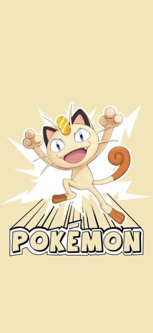 Meowth from Pokémon in dynamic pose with logo | Beige & Yellow | 4K Wallpaper for Mobile