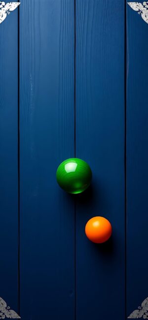 Minimalistic design with green and orange spheres on a textured blue wooden background | 4K Wallpaper, for Mobile