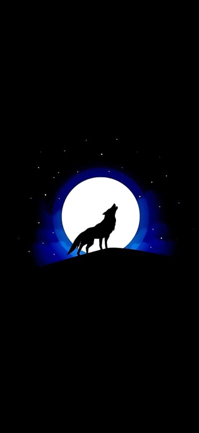 Silhouette of a wolf howling at the full moon in a starry, mystical night sky. | Black, Blue, White | 4K Wallpaper for Mobile