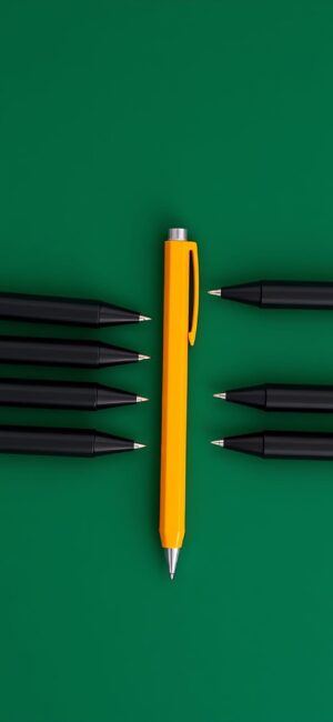 Pens on Green Background Highlighting Yellow Pen | 4K Wallpaper for Mobile